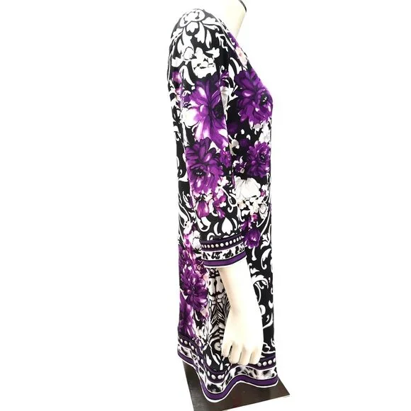 White House Black Market Medium Floral Black Purple Shift Dress Stretch Bold Des - Picture 5 of 12